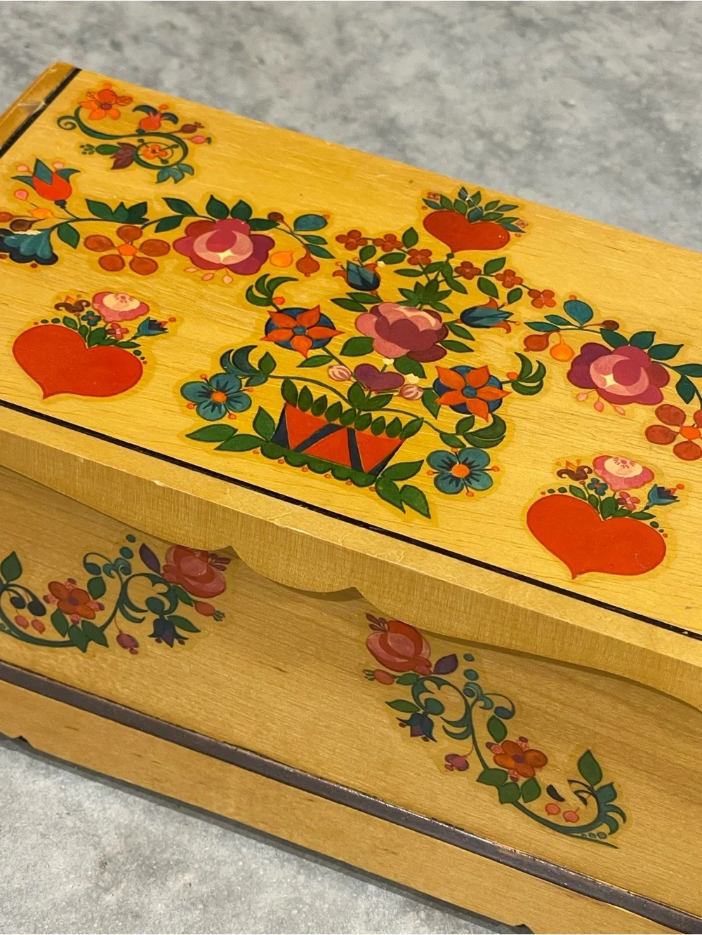 Trinket Jewelry Box- Thorens -Floral Wooden Treasure Made Switzerland*see desc.